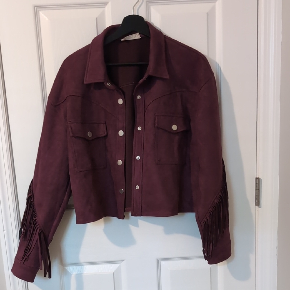 Wine Colored Western Style Fringed Cropped Jacket